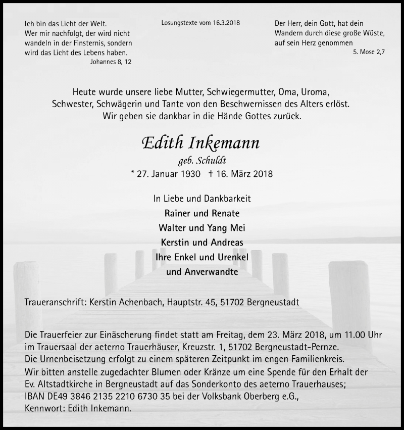  Traueranzeige für Edith Inkemann vom 22.03.2018 aus Kölner Stadt-Anzeiger / Kölnische Rundschau / Express