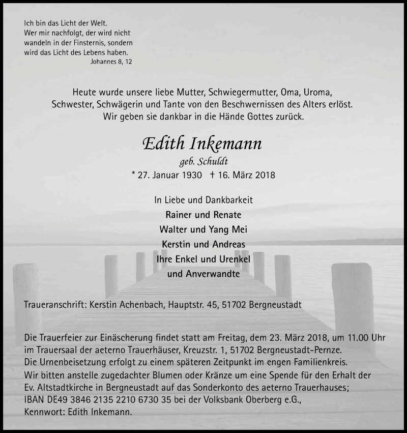  Traueranzeige für Edith Inkemann vom 21.03.2018 aus Kölner Stadt-Anzeiger / Kölnische Rundschau / Express