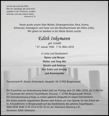 Anzeige von Edith Inkemann von Kölner Stadt-Anzeiger / Kölnische Rundschau / Express