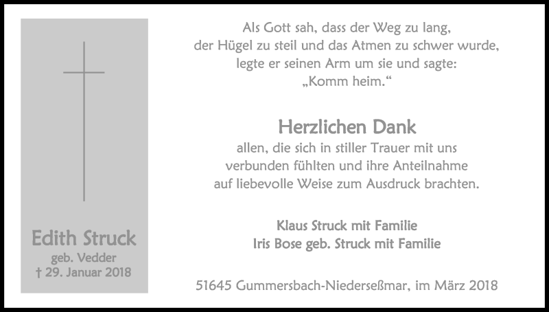  Traueranzeige für Edith Struck vom 03.03.2018 aus Kölner Stadt-Anzeiger / Kölnische Rundschau / Express