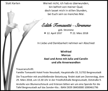 Anzeige von Edith Tmasetti-Stremme von Kölner Stadt-Anzeiger / Kölnische Rundschau / Express