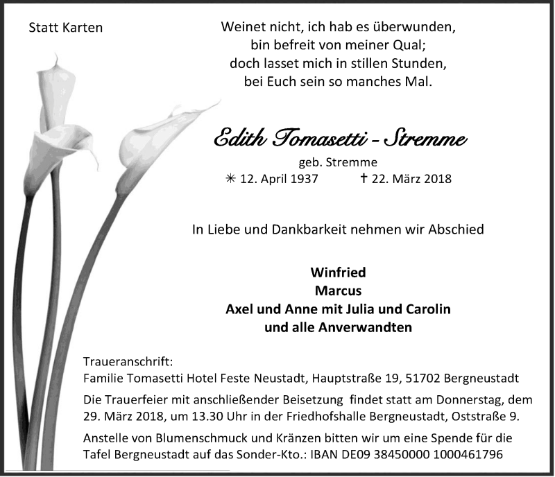 Traueranzeige für Edith Tomasetti Stremme vom 28.03.2018 aus  Anzeigen Echo 