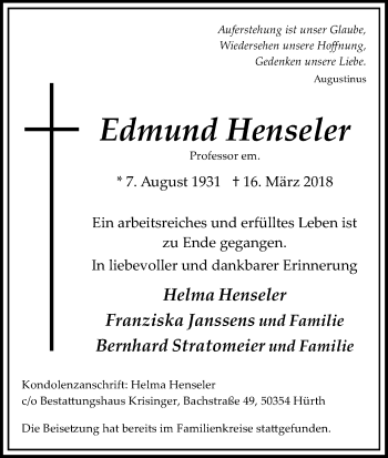 Anzeige von Edmund Henseler von Kölner Stadt-Anzeiger / Kölnische Rundschau / Express