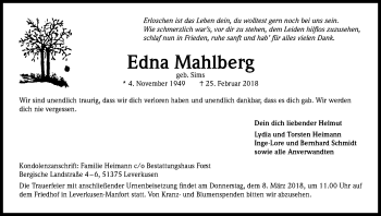 Anzeige von Edna Mahlberg von Kölner Stadt-Anzeiger / Kölnische Rundschau / Express