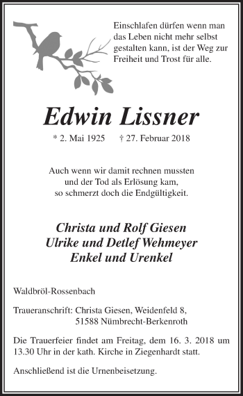 Anzeige von Edwin Lissner von  Lokalanzeiger 