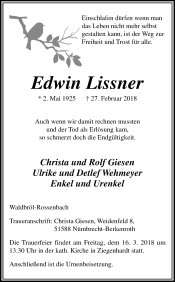 Anzeige von Edwin Lissner von Kölner Stadt-Anzeiger / Kölnische Rundschau / Express