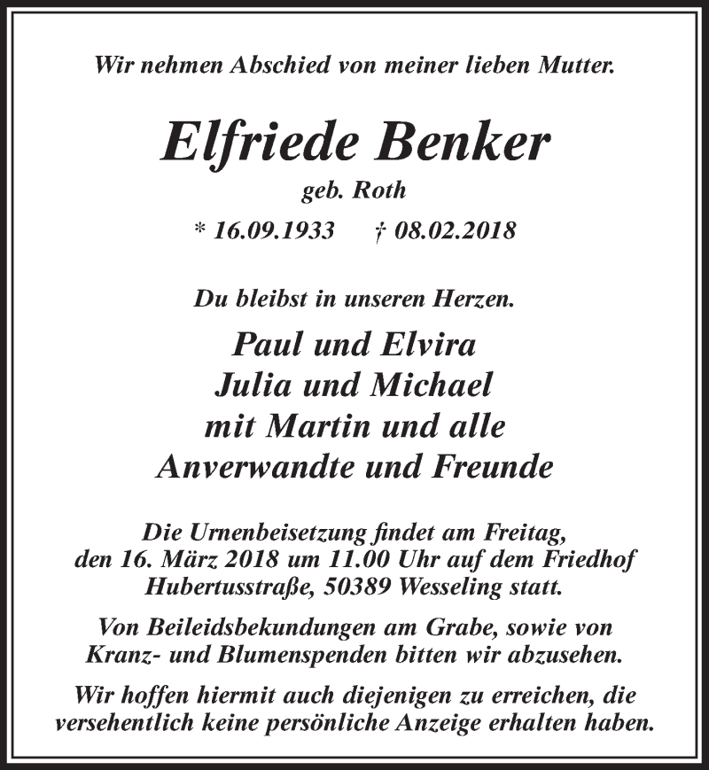  Traueranzeige für Elfriede Benker vom 14.03.2018 aus  Schlossbote/Werbekurier 