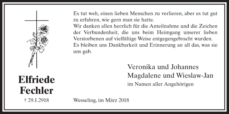  Traueranzeige für Elfriede Fechler vom 07.03.2018 aus  Schlossbote/Werbekurier 