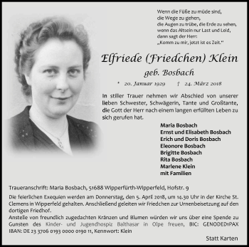 Anzeige von Elfriede Klein von Kölner Stadt-Anzeiger / Kölnische Rundschau / Express
