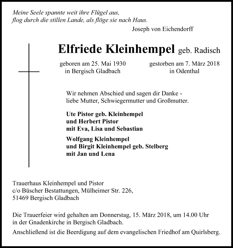  Traueranzeige für Elfriede Kleinhempel vom 10.03.2018 aus Kölner Stadt-Anzeiger / Kölnische Rundschau / Express