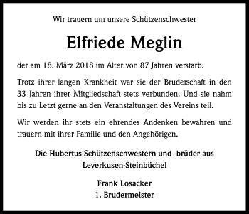 Anzeige von Elfriede Meglin von Kölner Stadt-Anzeiger / Kölnische Rundschau / Express