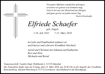 Anzeige von Elfriede Schaefer von Kölner Stadt-Anzeiger / Kölnische Rundschau / Express