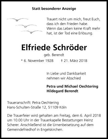 Anzeige von Elfriede Schröder von Kölner Stadt-Anzeiger / Kölnische Rundschau / Express