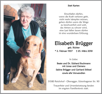 Anzeige von Elisabeth Brügger von Kölner Stadt-Anzeiger / Kölnische Rundschau / Express