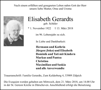 Anzeige von Elisabeth Gerardts von  Blickpunkt Euskirchen 
