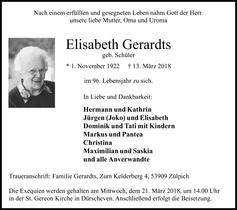  Traueranzeige für Elisabeth Gerardts vom 17.03.2018 aus Kölner Stadt-Anzeiger / Kölnische Rundschau / Express