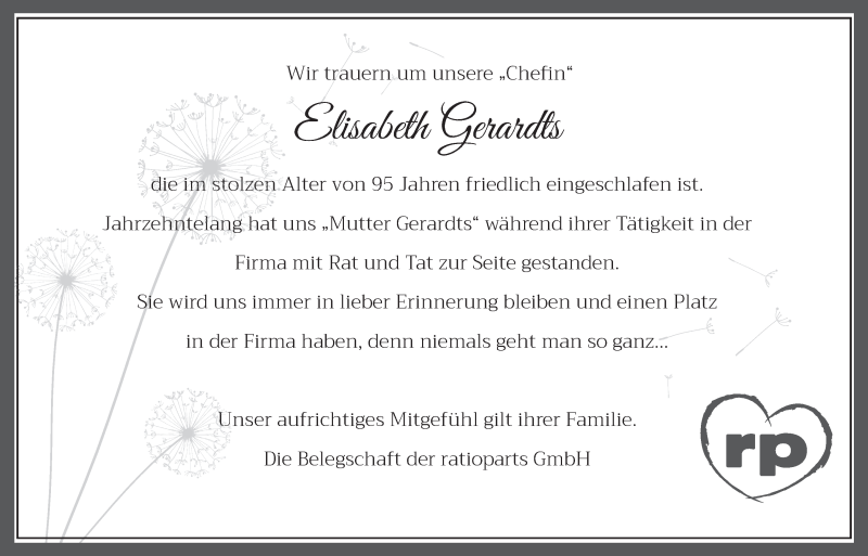  Traueranzeige für Elisabeth Gerardts vom 24.03.2018 aus  Blickpunkt Euskirchen 