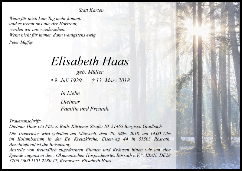  Traueranzeige für Elisabeth Haas vom 21.03.2018 aus Kölner Stadt-Anzeiger / Kölnische Rundschau / Express