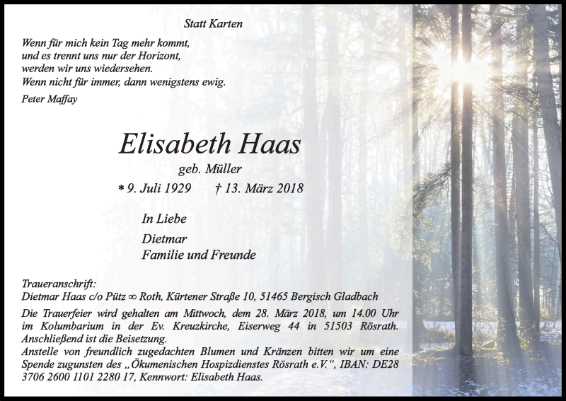  Traueranzeige für Elisabeth Haas vom 24.03.2018 aus Kölner Stadt-Anzeiger / Kölnische Rundschau / Express