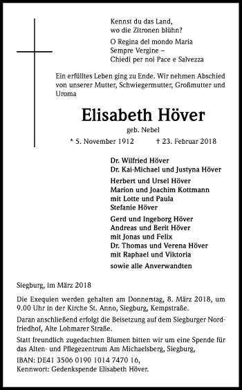 Anzeige von Elisabeth Höver von Kölner Stadt-Anzeiger / Kölnische Rundschau / Express