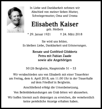 Anzeige von Elisabeth Kaiser von Kölner Stadt-Anzeiger / Kölnische Rundschau / Express