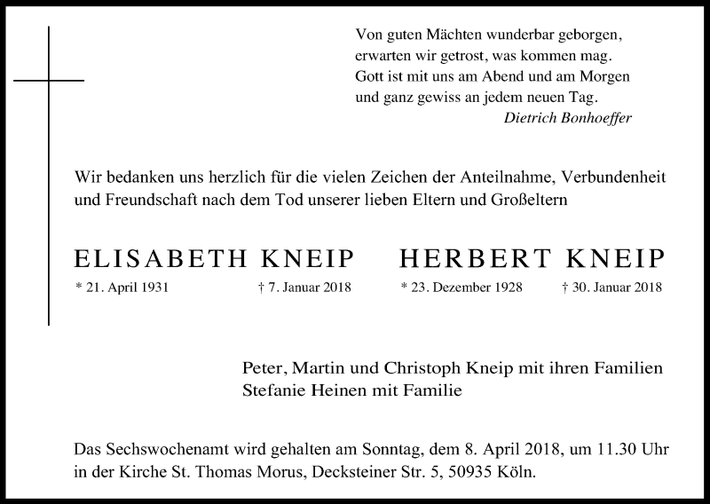 Traueranzeige für Elisabeth Kneip vom 28.03.2018 aus Kölner Stadt-Anzeiger / Kölnische Rundschau / Express