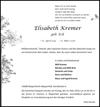 Anzeige von Elisabeth Kremer von Kölner Stadt-Anzeiger / Kölnische Rundschau / Express