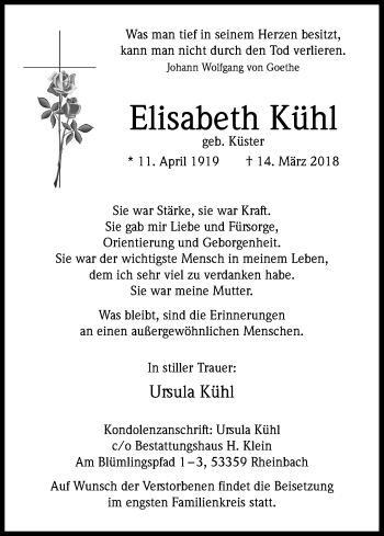 Anzeige von Elisabeth Kühl von Kölner Stadt-Anzeiger / Kölnische Rundschau / Express