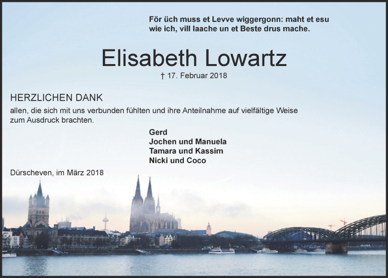  Traueranzeige für Elisabeth Lowartz vom 31.03.2018 aus  Blickpunkt Euskirchen 