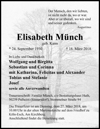 Anzeige von Elisabeth Münch von Kölner Stadt-Anzeiger / Kölnische Rundschau / Express
