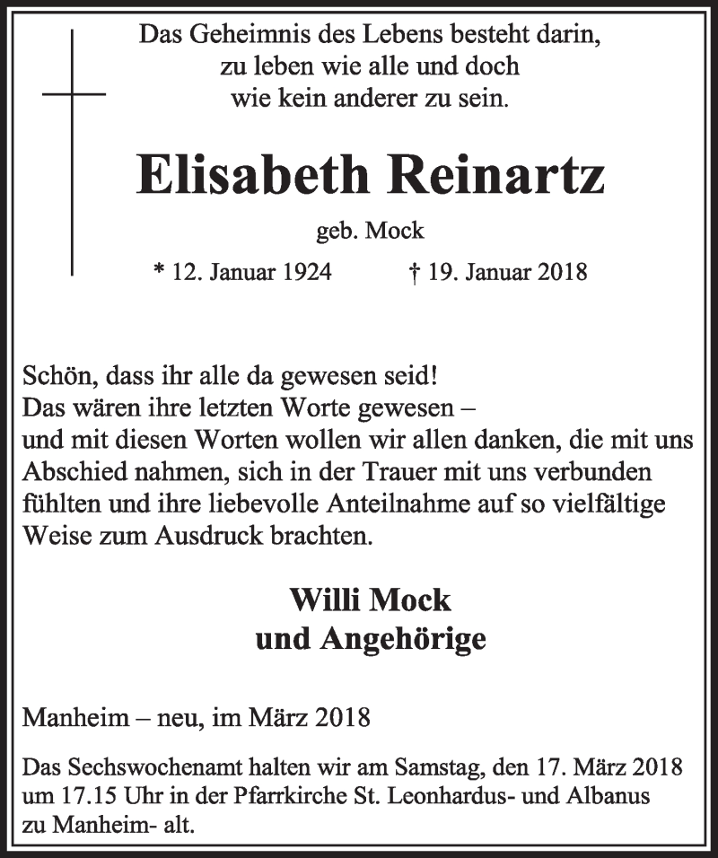  Traueranzeige für Elisabeth Reinartz vom 10.03.2018 aus  Sonntags-Post 