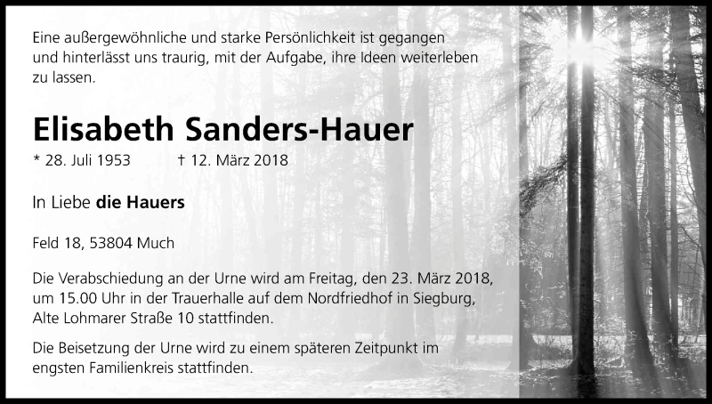  Traueranzeige für Elisabeth Sanders-Hauer vom 17.03.2018 aus Kölner Stadt-Anzeiger / Kölnische Rundschau / Express