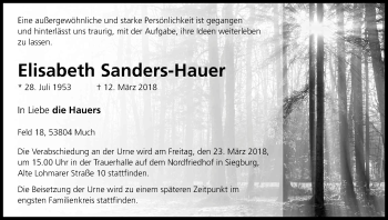 Anzeige von Elisabeth Sanders-Hauer von Kölner Stadt-Anzeiger / Kölnische Rundschau / Express