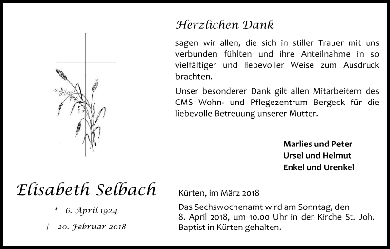  Traueranzeige für Elisabeth Selbach vom 31.03.2018 aus Kölner Stadt-Anzeiger / Kölnische Rundschau / Express
