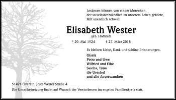 Anzeige von Elisabeth Wester von Kölner Stadt-Anzeiger / Kölnische Rundschau / Express