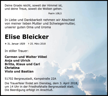 Anzeige von Elise Bleicker von Kölner Stadt-Anzeiger / Kölnische Rundschau / Express