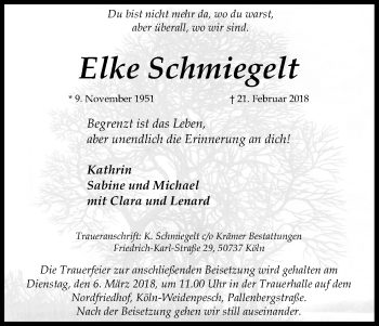 Anzeige von Elke Schmiegelt von Kölner Stadt-Anzeiger / Kölnische Rundschau / Express