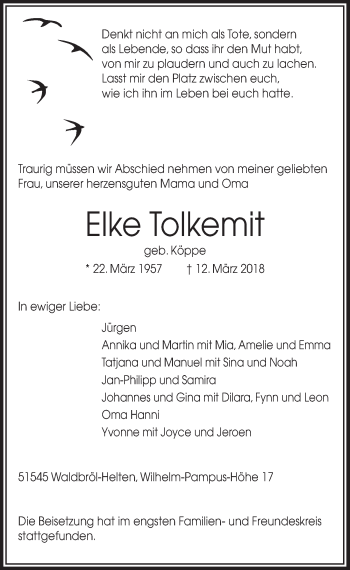 Anzeige von Elke Tolkemit von  Lokalanzeiger 