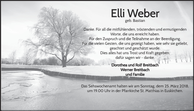  Traueranzeige für Elli Weber vom 17.03.2018 aus  Blickpunkt Euskirchen 