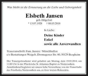 Anzeige von Elsbeth Jansen von  Werbepost 