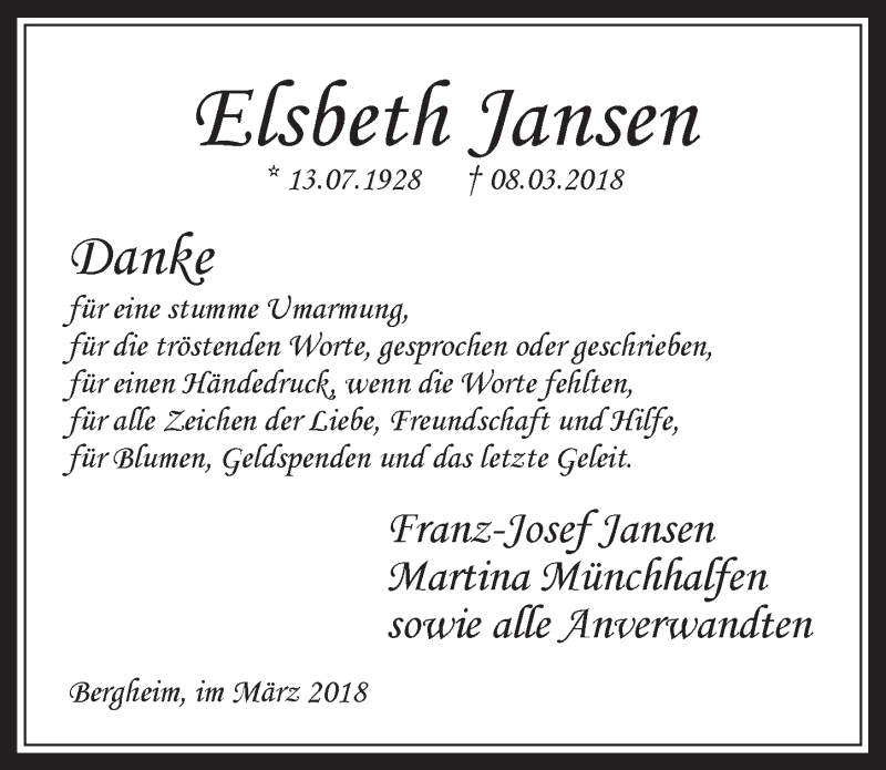  Traueranzeige für Elsbeth Jansen vom 28.03.2018 aus  Werbepost 