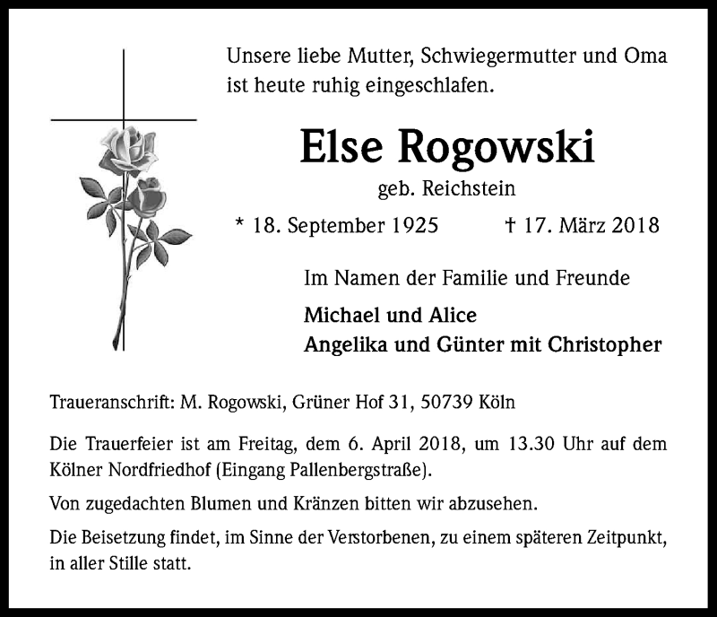 Traueranzeige für Else Rogowski vom 31.03.2018 aus Kölner Stadt-Anzeiger / Kölnische Rundschau / Express
