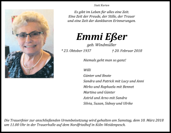 Anzeige von Emmi Eßer von Kölner Stadt-Anzeiger / Kölnische Rundschau / Express
