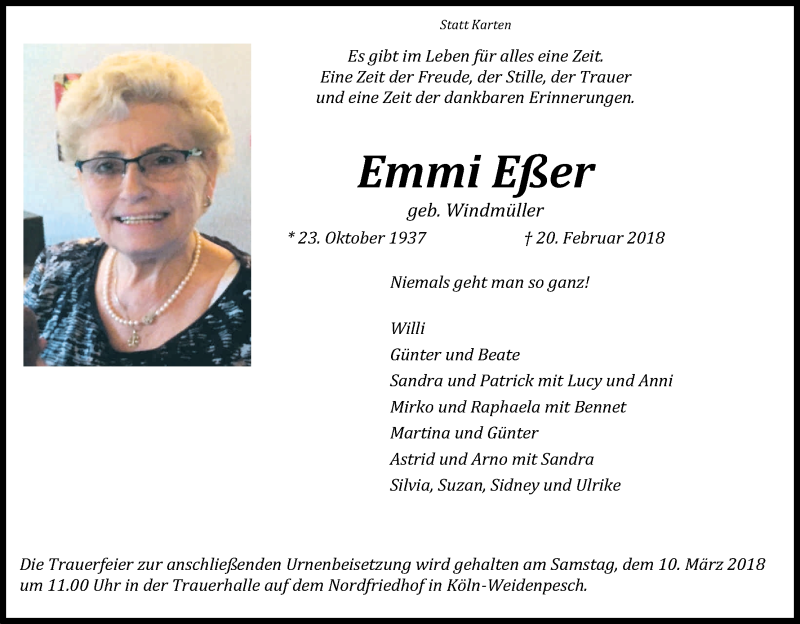  Traueranzeige für Emmi Eßer vom 03.03.2018 aus Kölner Stadt-Anzeiger / Kölnische Rundschau / Express