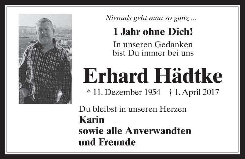  Traueranzeige für Erhard Hädtke vom 28.03.2018 aus  Werbepost 