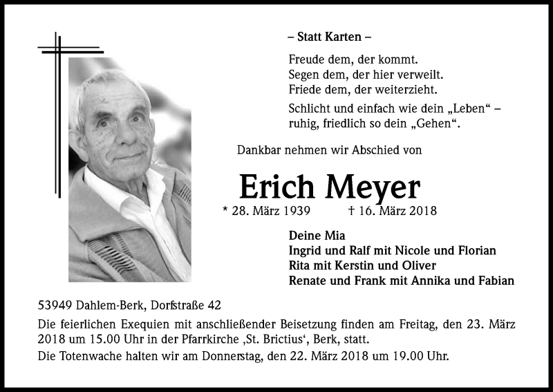  Traueranzeige für Erich Meyer vom 21.03.2018 aus Kölner Stadt-Anzeiger / Kölnische Rundschau / Express