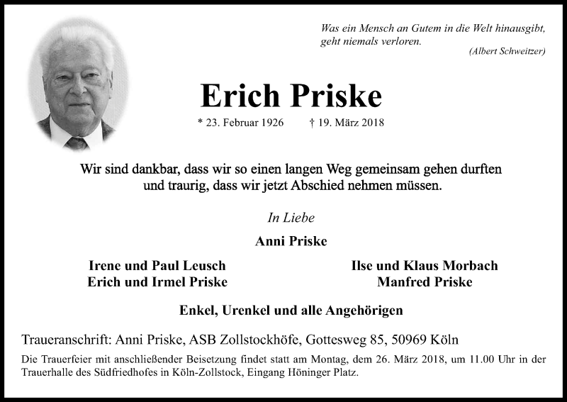  Traueranzeige für Erich Priske vom 24.03.2018 aus Kölner Stadt-Anzeiger / Kölnische Rundschau / Express