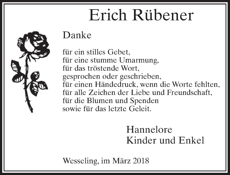  Traueranzeige für Erich Rübener vom 07.03.2018 aus  Schlossbote/Werbekurier 