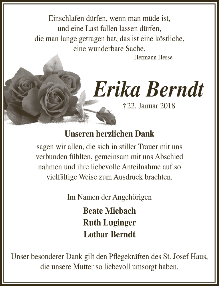  Traueranzeige für Erika Berndt vom 28.03.2018 aus  Anzeigen Echo 