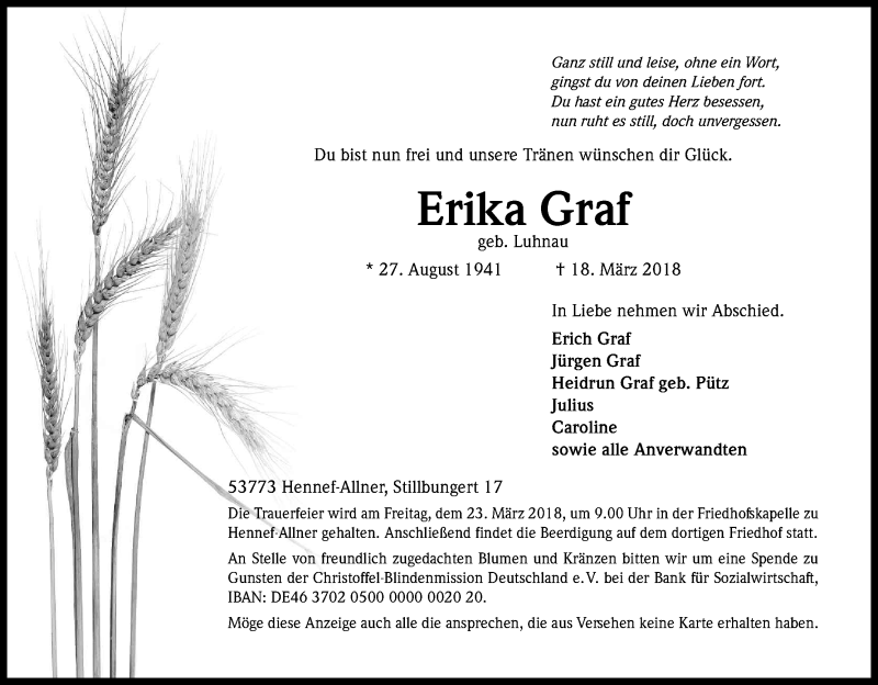  Traueranzeige für Erika Graf vom 21.03.2018 aus Kölner Stadt-Anzeiger / Kölnische Rundschau / Express